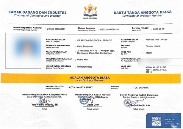 Kartu Tanda Anggota KADIN PT Artomoro Global Service
