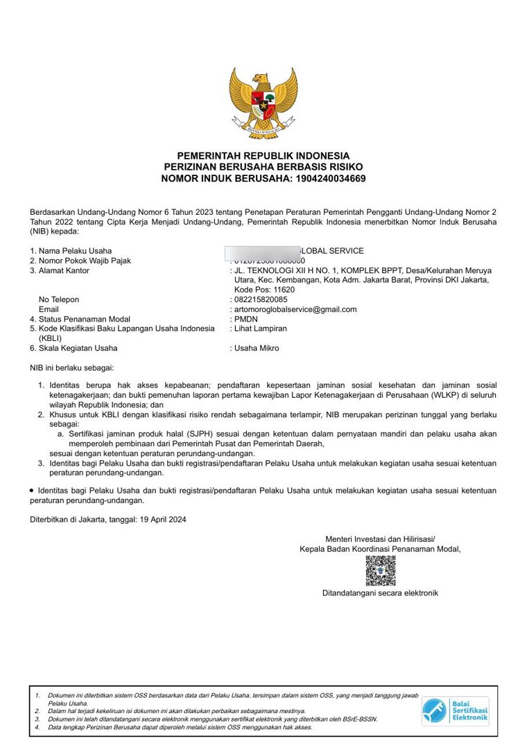 NIB Terbaru, 15 KBLI PT Artomoro Global Service